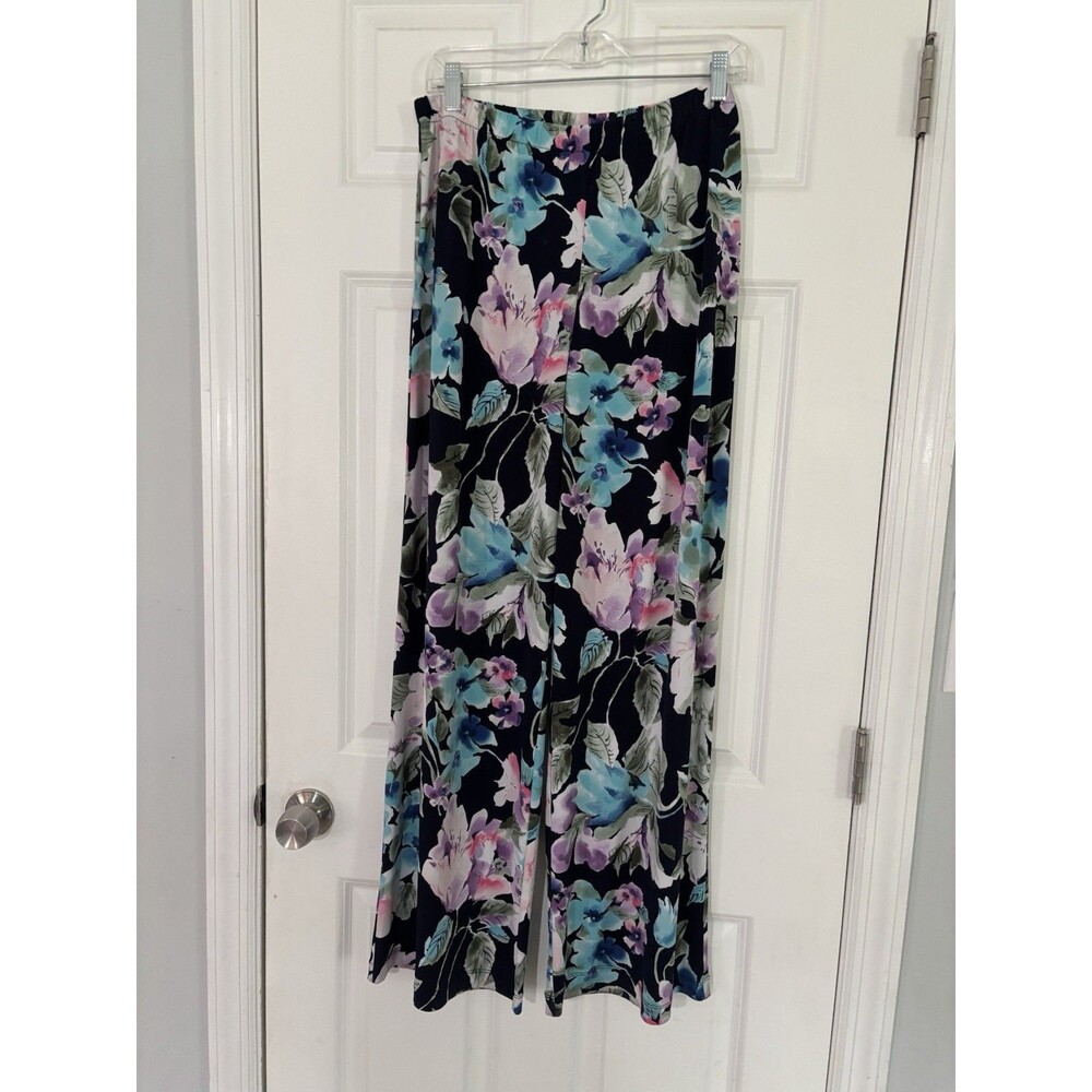 Chicos Sz 2 Navy Blue Floral Pants Cottagecore Travel Stretch Fairy Festival